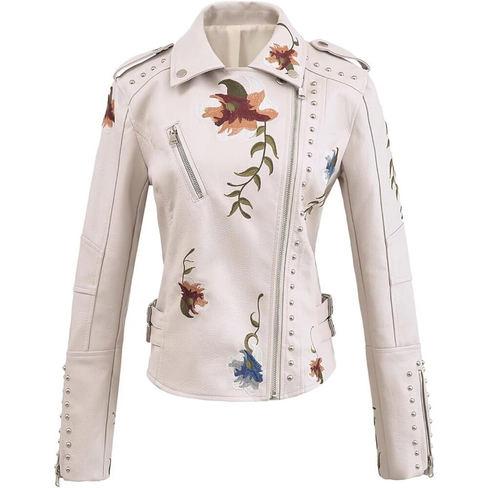Women’s  Beige Embroidered Studded Faux Leather Moto Jacket Floral Punk